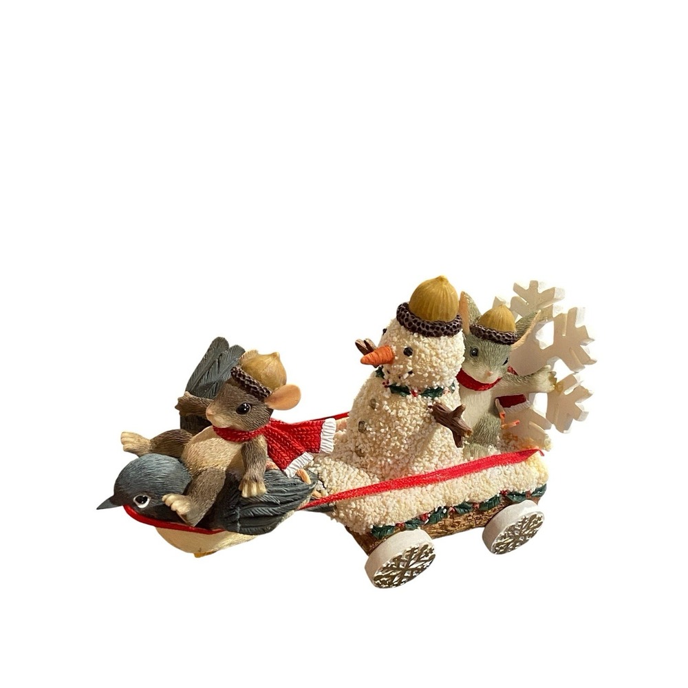 Charming Tails Snowman Float Fitz Floyd  Bird Pulling Sled Mouse Figurine 87626